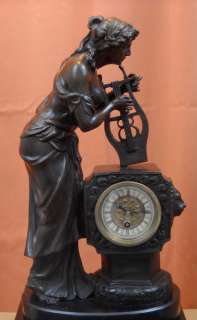 Bronze Mantle Mantel Winding Clock HARP Lady Lyre Player Marble Statue 