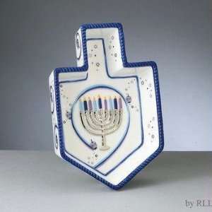 Chanukah Ribbons Draydel Shaped Ceramic Tidbit Tray 