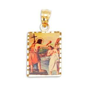    New 14k Yellow Gold Jesus Baptism Laser Print Pendant Jewelry