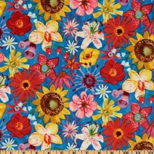  44 Wide Impressions Tossed Flowers Blue Fabric By The 