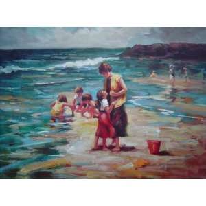  Mother and Kids Playing on the Beachside Oil Painting 30 x 