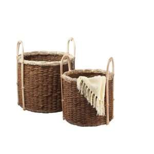 Set of 2 Decorative Coco Twig and Rattan Baskets with Handles  