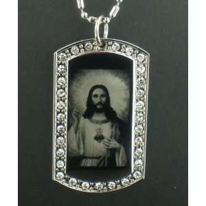 Lord Jesus silver tone CZ Dog Tag Pendant Necklace