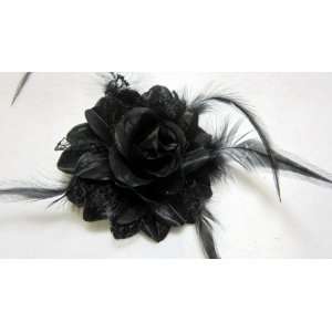  Black Rose with Feather Flower Hair Clip Pin and Band 
