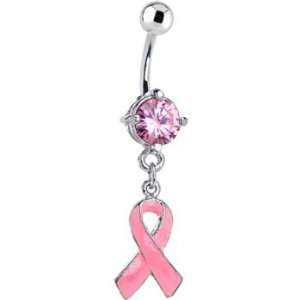  Pink Cubic Zirconia Awareness Ribbon Belly Ring Jewelry