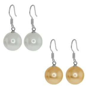 12mm Peach and White Color Shell Pearl Silver Dangle Earrings Fish 