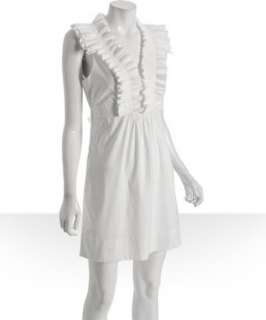 BCBGMAXAZRIA white stretch poplin ruffle trim v neck dress   