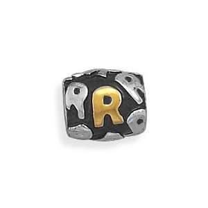 Alphabet Story Bead Slide on Charm Letter R Two tone Gold and Sterling 