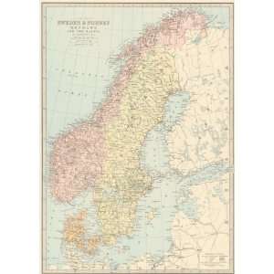  Bartholomew 1887 Antique Map of Sweden & Norway Kitchen 