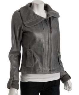 Doma grey leather knit detail motorcycle jacket   