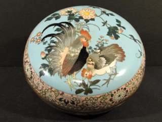 Antique CLOISONNE Bowl Japan Japanese Roosters Flowers Birds   Great 