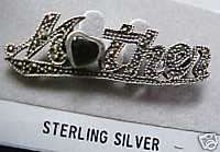 Sterling Silver Mother Pin Marcasite & Black Stone  