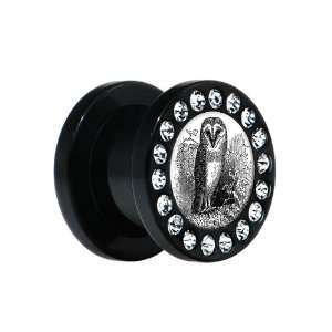  00 Gauge Black Acrylic Black White Owl Gem Screw Fit Plug 