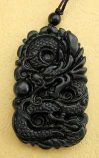 Black Green Jade Fortune Dragon Pearl Amulet Pendant  