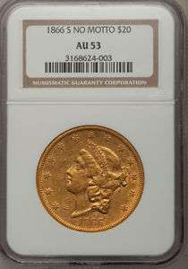 1866 S US Gold $20 NGC AU53 No Motto double eagle, rare key liberty 