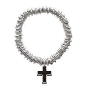   Black Enamel Cross with Decorated Sides Charm Links Bracelet [Jewelry