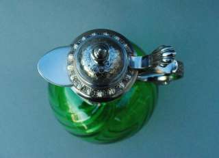 Emerald Green Bohemian Art Glass Ewer w/ Silver Plate Mount   Gorgeous 
