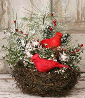 New Country Primitive WINTER FLORAL Snowy Pine CARDINAL BIRD NEST 