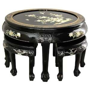  Black Lacquer Mother of Pearl Round Coffee Table w/ Four 