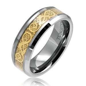   Mm Comfort Fit Flat Wedding Band Ring Celtic Dragon Gold Inlay (5.5