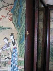 Nice Old Chinese Tabletop Folding Screen Carved Wood Frame And 