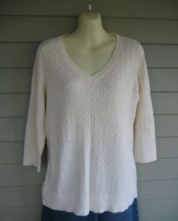   Womens Soft Pima Cotton Ivory V Neck Cable Knit Sweater XL  