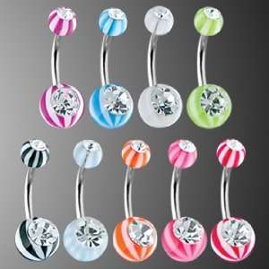  Stainless Steel Belly Rings w/ Double Jeweled UV Candy Striped Balls 