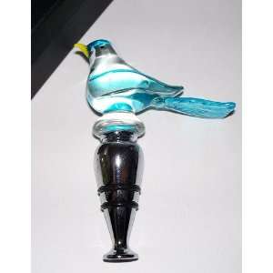   Blown Glass Bird and Silver Bottle Stopper Wine Plug in Gift Box, Blue