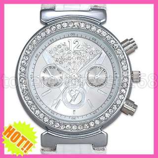 White Crystal Dial Womens Leather Wrist Watch Nice Gift  