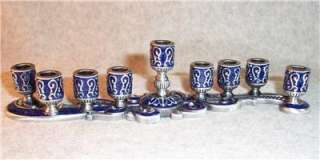   Filigree Pewter Blue Epoxy Hanukkah Menorah Candle Holder~Judaica