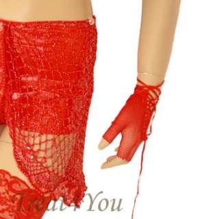   Red Fishnet Fingerless Wrist Gloves Arm Warmers with Lace Up Tie Up