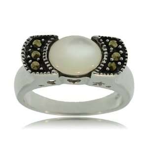  Mother of Pearl Ring W/ Marcasite Sterling Silver Band 
