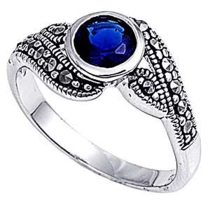   Engagement Ring Bezel Set Blue Sapphire CZ Marcasite Solitaire Ring