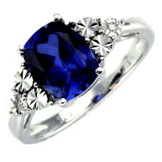 Silver lab created blue sapphire diamond ring  