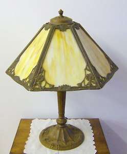 Vintage Brass Art Nouveau Style Lamp Slag Glass Shade  
