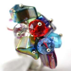   Colorful Faceted Crystal Glass Beads Cooktail Ring Fashion Jewelry