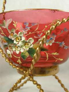 Moser Czech Cranberry Glass & Copper Basket High Relief Enamel Flowers 