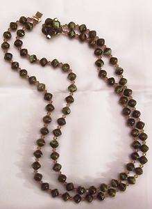 Vintage Faceted Murano Glass Bicone Green Brown Bead & Tin Cut Crystal 