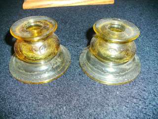 PAIR(2) FEDERAL GLASS AMBER MADRID CANDLE STICK HOLDERS  