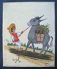 Old vintage Mexican boy pulling donkey oil painting on canvas signed 
