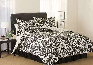 Chic QUEEN BLACK OFF WHITE DAMASK COMFORTER BED IN BAG  