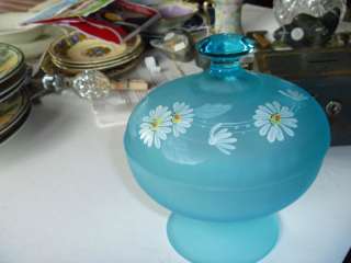 Westmoreland blue satin covered dish; painted daisies  