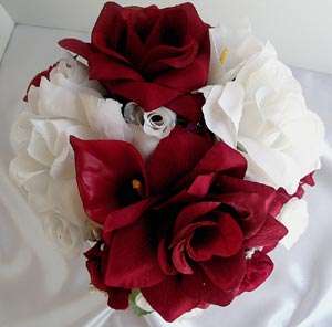 21pcs Bridal bouquet wedding flowers BURGUNDY/WHITE  