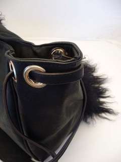 COOL Black Mongolian Lambs Wool Slouch Hobo Leather Handbag So Fashion 
