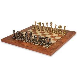  Staunton Brass Chess Set & Elm Burl Chess Board Package 