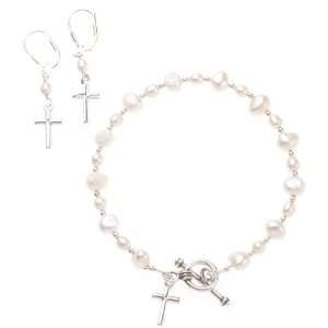   Essentials Sterling Silver Cultured Pearl Cross Earring/ Bracelet Set