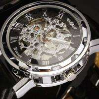   Automatic Mechanical Skeleton Black Leather Wrist Silver Mens Watch