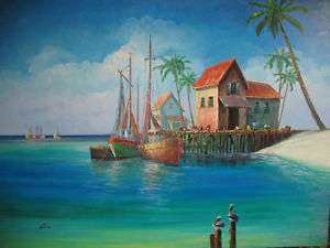 Oil Painting Rural Seaside Scene w/Sailboats Original  