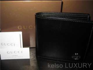 NEW BOX GUCCI Mens Large Black Italian Leather Bi Fold GG Logo Wallet 