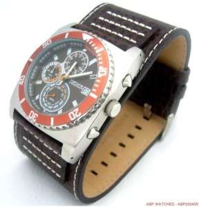 KAHUNA MENS RETRO STYLE BROWN LEATHER CUFF STRAP CHRONOGRAPH WATCH 